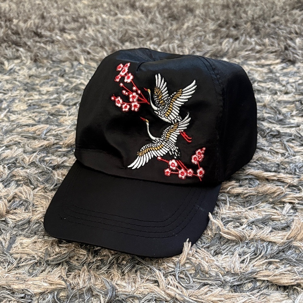 Natasha Black Satin Cap with Embroidered Cranes and Cherry Blossoms One Size